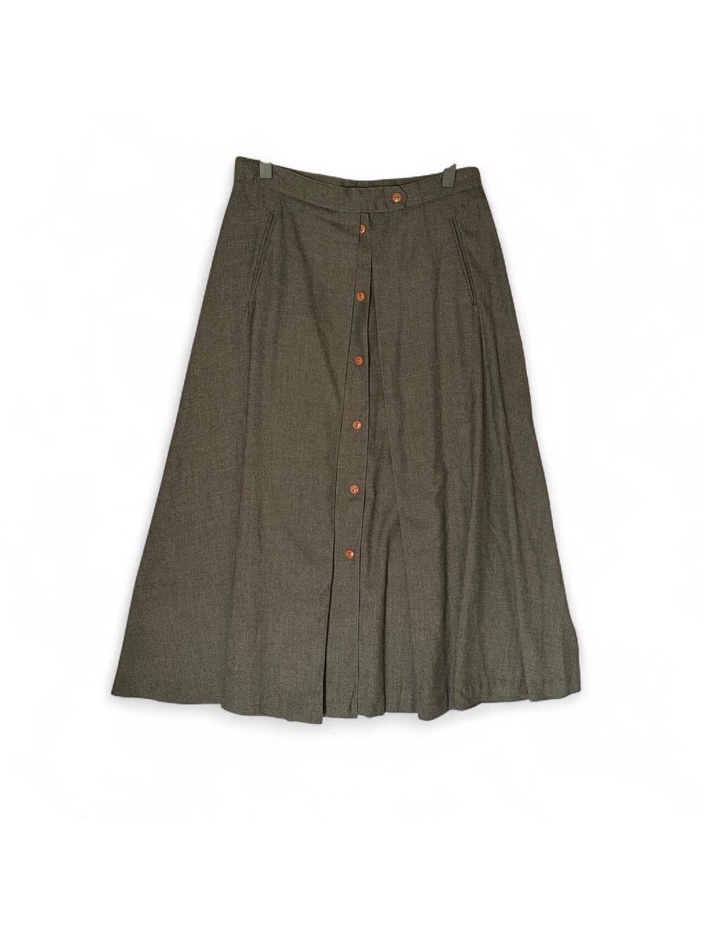 Vintage Skirt Midi 80s Grey Button Front Pleated Skirt